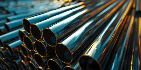 Stainless steel pipes at the factory,A stack of copper pipes in a warehouse.

 - obrazy, fototapety, plakaty