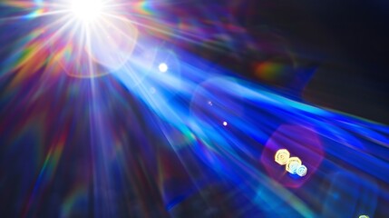 Blue light flare prism rainbow flares overlay effect on black background light crossing crystals prismatic sun catcher reflections rays Abstract blurred colourful lens flare bokeh on d : Generative AI
