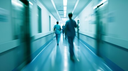 blurred for background blurred figures of doctors and nurses in a hospital corridor Doctors and nurses walking in hospital hallway blurred motion Moving human figure in the clinic corr : Generative AI - obrazy, fototapety, plakaty