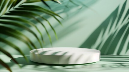 Minimal abstract background for the presentation of a cosmetic product Empty premium podium with a shadow of tropical palm leaves on a green background Showcase display case : Generative AI