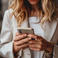 Positive young business professional woman using application on mobile phone, touching screen,