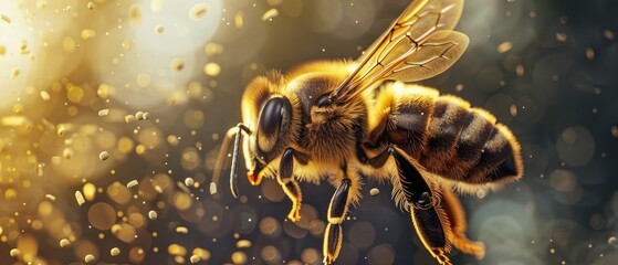 A close-up of a honeybee collecting pollen, with pollen grains visible, - obrazy, fototapety, plakaty
