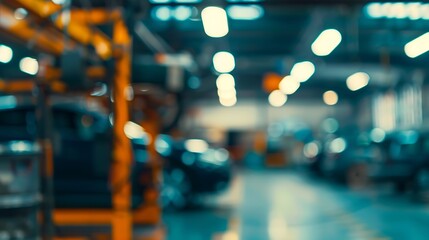 Abstract blur car garage automobile interior building hall Blurred mechanic service centre auto repair workshop soft defocused Blurry car care station background : Generative AI - obrazy, fototapety, plakaty