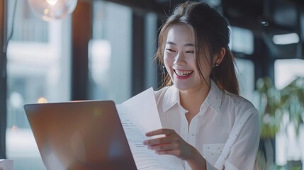 Positive confident financial specialist, accountant, lawyer woman reviewing papers at workplace, reading legal documents, sales reports - obrazy, fototapety, plakaty