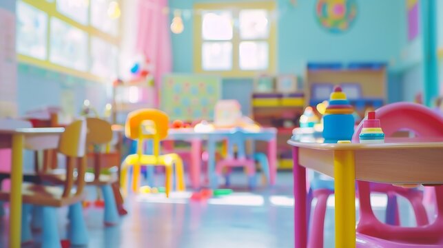 Kindergarten classroom school background Class room for children students or nursery kids Blur daycare preschool : Generative AI