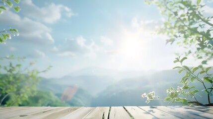 table background of free space for your decoration and blurred landscape of mountainsBlue sky with sun light and green small leaves : Generative AI