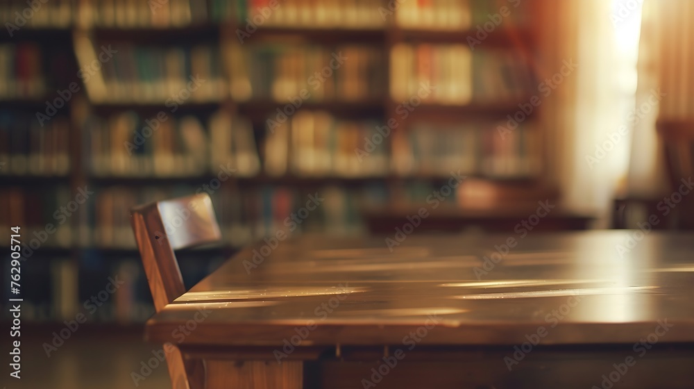 Poster library with table desk and bookshelf abstract blur defocused background : generative ai