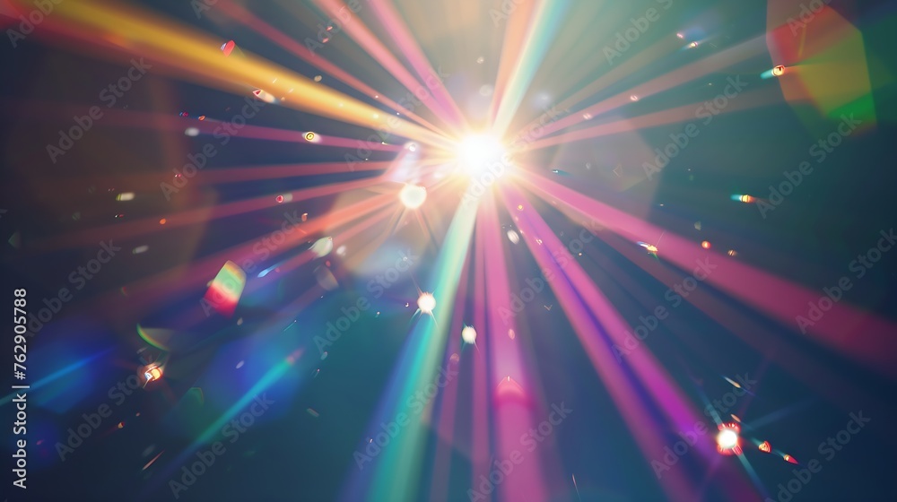 Poster Easy to add lens flare effects for overlay designs or screen blending mode to make highquality images Abstract sun burst digital flare iridescent glare over black background : Generative AI