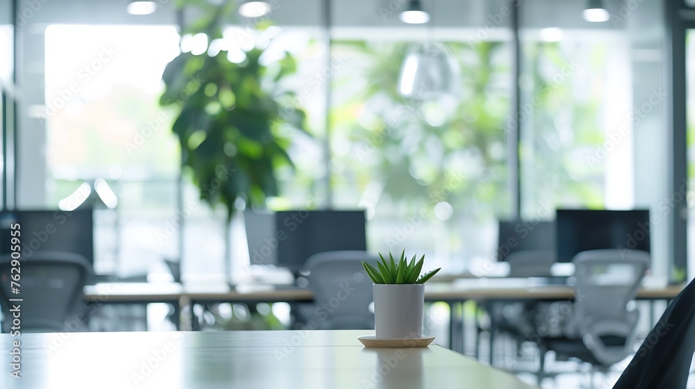 Fototapete modern business office without people with blurred bokeh background tables chairs computers plan cop
