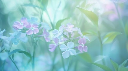 Closedup blue flowers Phlox divaricata or woodland phlox Beautiful blurred background nature in pastel colors with a soft focus of blue shades among green leaves and other blossom blur : Generative AI