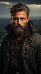 Obraz premium 28 year old man with fade cut black hair combed to the side, no beard, with fade cut beard, is on a mountain at the top