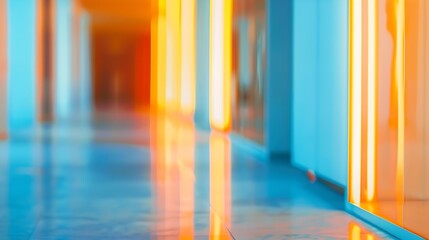 abstract blur modern interior inside entrance building of office in blue background with orange light effect concept : Generative AI