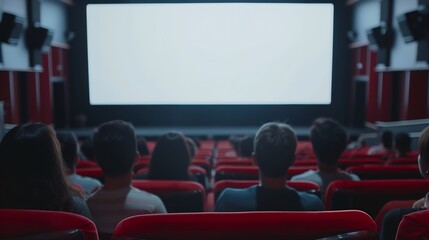 Cinema blank screen and people in red chairs in the cinema hall Blurred People silhouettes watching movie performance : Generative AI
