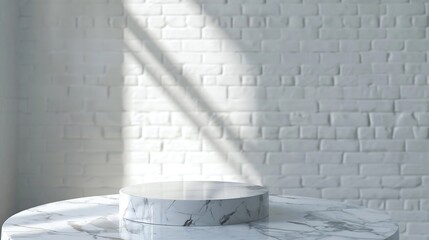 Empty marble podium on bathroom table before white brick wall : Generative AI