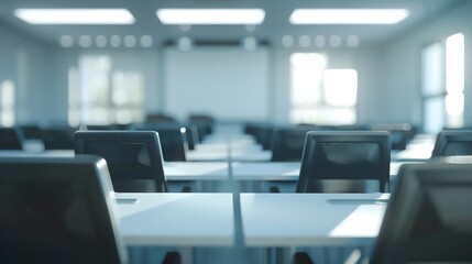 Empty defocused university classroom Blurred school classroom without students with empty chairs and tables Business conference room : Generative AI