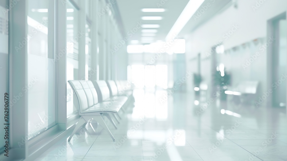 Aufkleber blurred background of an interior of a modern hospital with an empty long corridor there are treatme