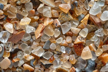 A detailed view of grains of sand, each grain a unique shape and color,