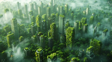 A futuristic cityscape showcasing green buildings with solar panels, vertical gardens, and green roofs, reflecting a harmonious blend of technology and nature.
