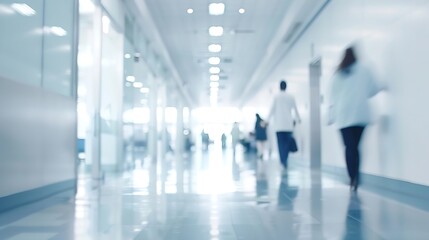 BLURRED OFFICE BACKGROUND MODERN BUSINESS HALL WITH BLURRY PEOPLE INSIDE MEDICAL HALL WAY HOSPITAL CORRIDOR : Generative AI