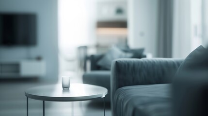 Blurred view of light living room with grey sofas and coffee table : Generative AI