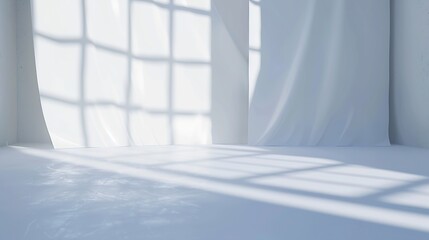 Abstract white studio background with shadows of window Empty 3d room Display product with blurred...