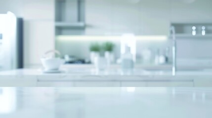 Fototapeta na wymiar Blurred view of modern kitchen interior with white furniture : Generative AI