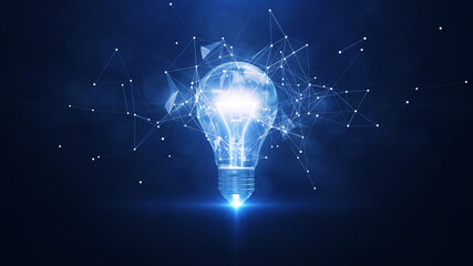 Electric light bulb bright polygonal connections on a dark blue background. Technology concept innovation artificial intelligence brainstorming business success.