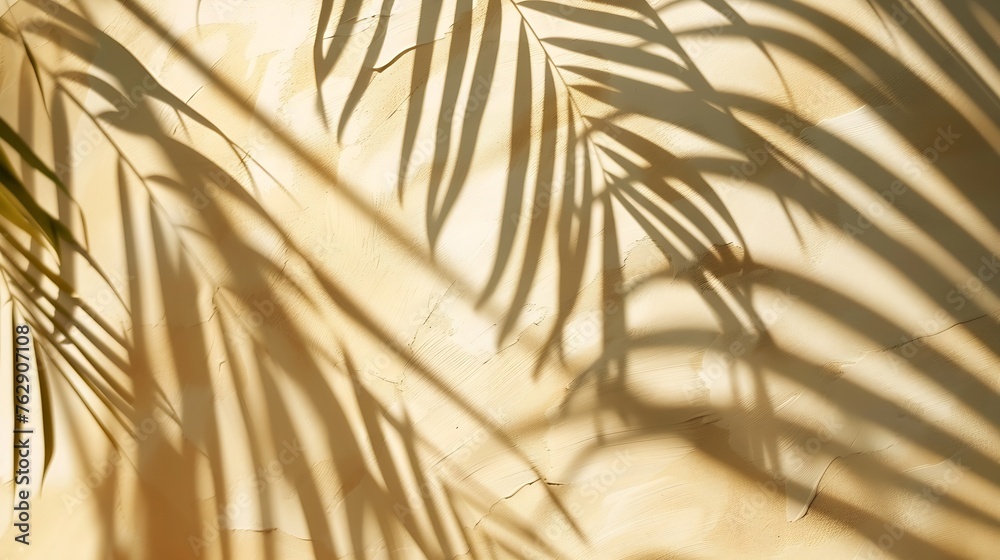 Aufkleber Abstract background of shadows palm leaves on a sand color wall Summer beach concept with palm tree leaf : Generative AI