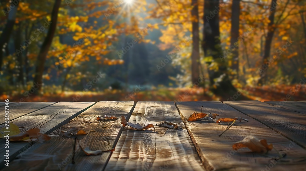 Aufkleber The empty rustic wooden table for product display with blur background of autumn forest Exuberant image : Generative AI