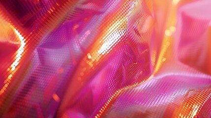 Closeup of ethereal bright neon pink magenta orange holographic metallic foil background Abstract...