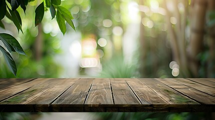 Empty wood table top on blur abstract green from garden and house background For montage product...