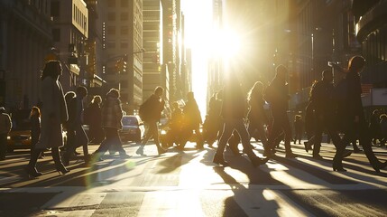 Silhouettes of men and women crossing a busy street in Midtown Manhattan New York City with...