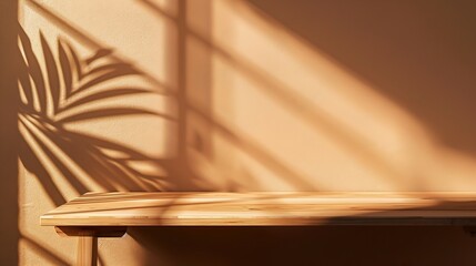 Mock up for presentation branding products cosmetics food or jewellery Empty table on bright brown wall background Composition with window shadow on the wall and wooden table : Generative AI