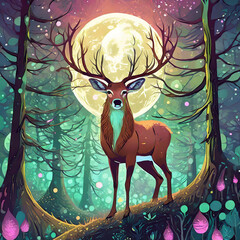 빛나는 달 아래 고요한 숲속의 숫사슴 - obrazy, fototapety, plakaty