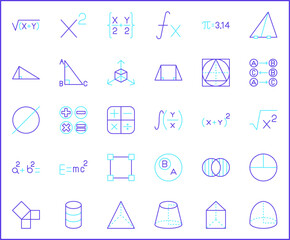 Set of mathematics and math Icons line style. Contains such Icons as accounting, abacus, graph, algebra, elementary, analysis, probability, calculator And Other Elements.