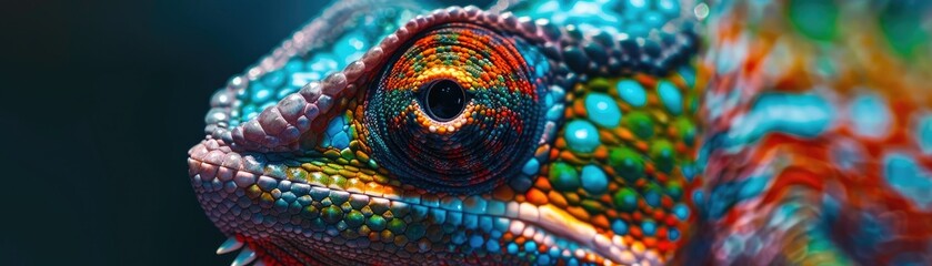 A macro shot of a chameleon's skin, focusing on its color-changing capabilities,