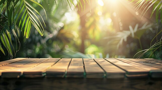 Wood tabletop counter podium floor in outdoors tropical garden forest blurred green palm leaf plant nature backgroundNatural product placement pedestal stand displaysummer jungle parad : Generative AI