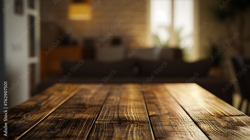 Poster The empty wooden brown table top with blur background of home room in winter Exuberant image : Generative AI