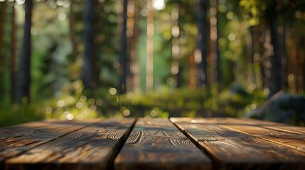 Naklejka na ściany i meble Beautiful blurred boreal forest background view with empty rustic wooden table for mockup product display Picnic table with customizable space on tabletop for editing Flawless : Generative AI