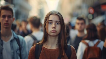 portrait of tired young woman student standing alone in city center and looking at camera with straight face while crowds of men and women are whizzing around : Generative AI