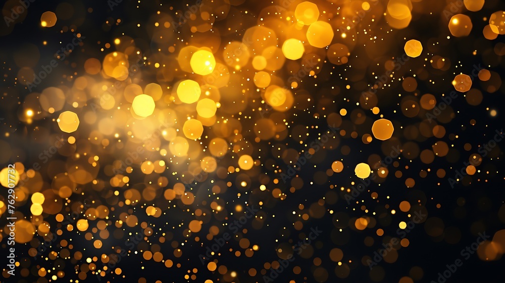 Poster golden blurred bokeh lights on black background glitter sparkle stars for celebrate overlay for your