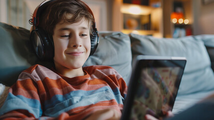 Naklejka premium .ฺBoy watching video with headphone on tablet computer.