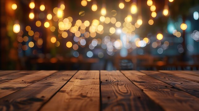 Image of wooden table in front of abstract blurred restaurant lights background : Generative AI