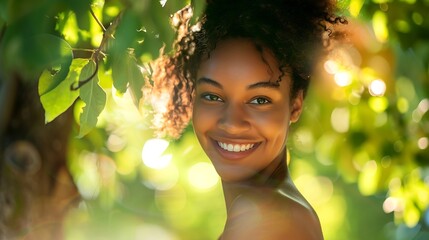 Optimistic young black woman with bare shoulders smiling and looking at camera on blurred background of green leaves on summer day in park : Generative AI - obrazy, fototapety, plakaty