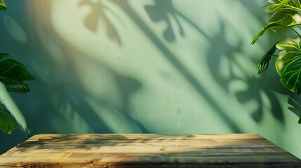 wood table green wall background with sunlight window create leaf shadow on wall with blur indoor green plant foregroundpanoramic banner mockup for display of producteco friendly inter : Generative AI
