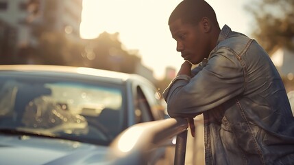 Black male in casual clothes looking away while standing near road with car and leaning on handrail...