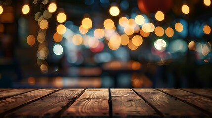 background Image of wooden table in front of abstract blurred restaurant lights : Generative AI - obrazy, fototapety, plakaty