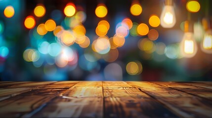 image of wooden table in front of abstract blurred background of restaurant lights : Generative AI - obrazy, fototapety, plakaty