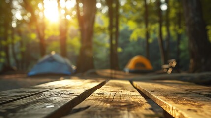 Wood table and Blurred camping and tents in forest : Generative AI