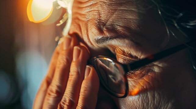 Head shot close up tired middle aged mature woman rubbing nose bridge after taking off eyewear Frustrated stressed senior older grandmother suffering from blurred eyesight eyes strain  : Generative AI
